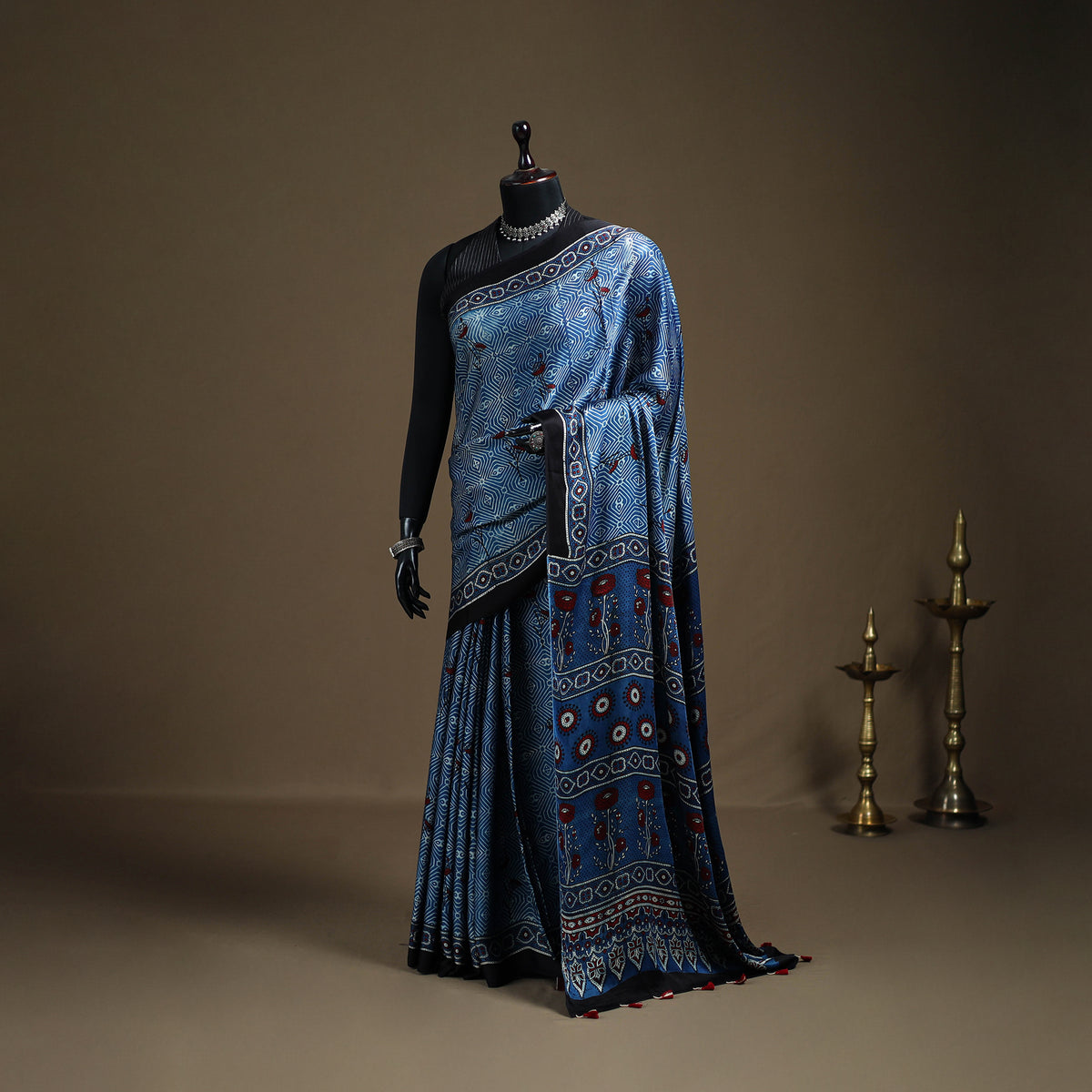 Ajrakh Hand Block Print Natural Dyed Modal Silk Saree 10
