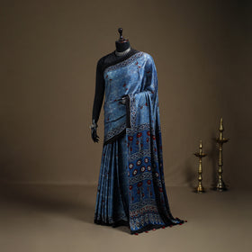 Ajrakh Hand Block Print Natural Dyed Modal Silk Saree 10