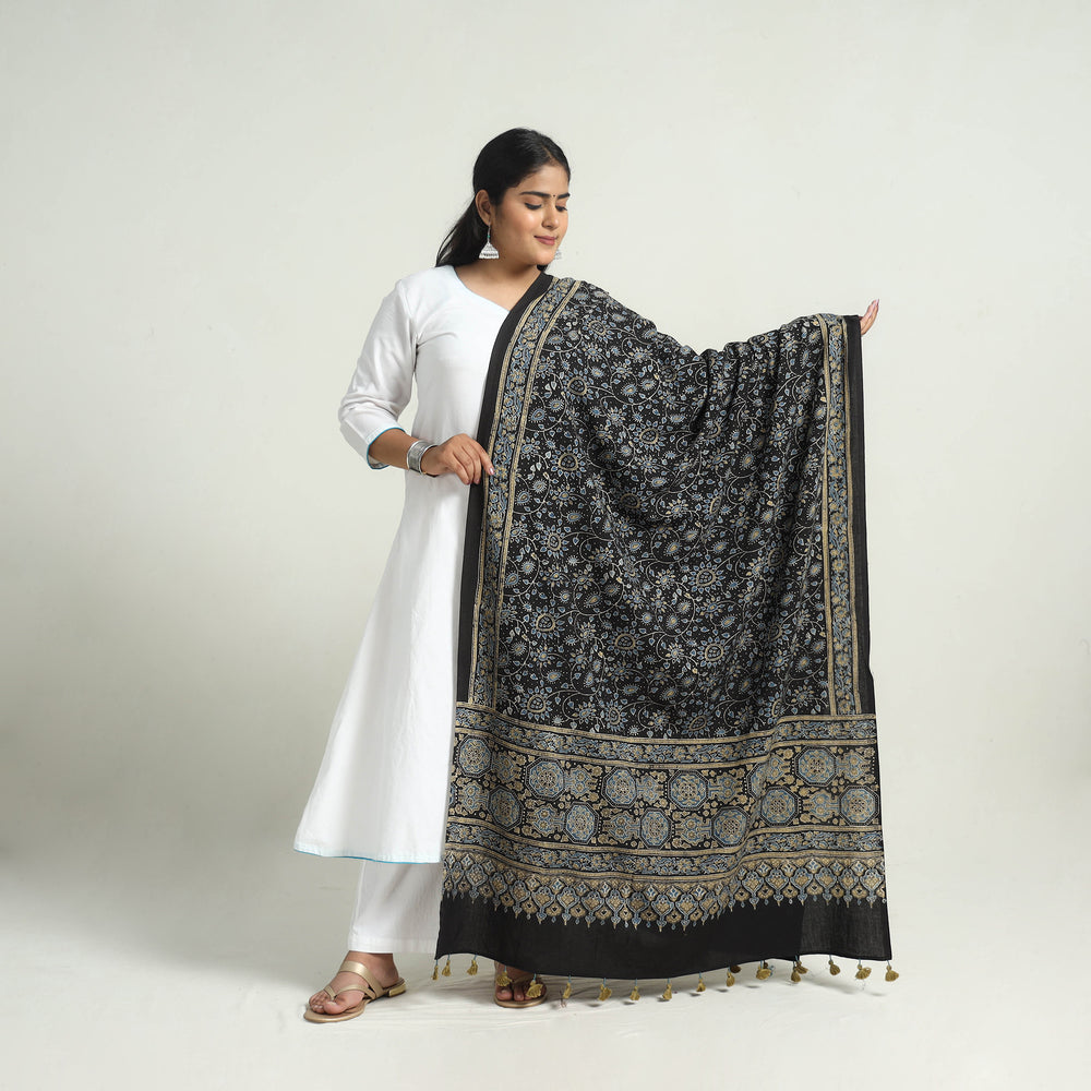 Black - Kutch Block Print Cotton Ajrakh Dupatta with Tassels 02