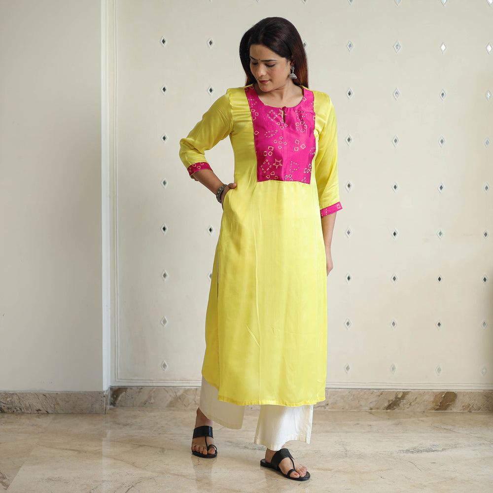 Light Yellow - Modal Silk Plain Long Straight Kurta 10