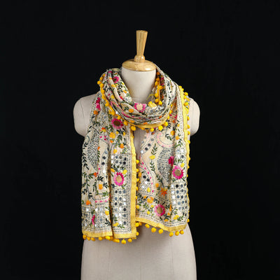 Ranihati Chanderi Silk Hand Embroidered Stole with Pom Pom 268