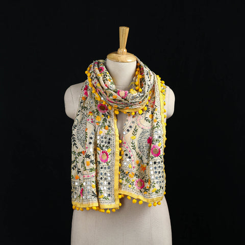 Ranihati Chanderi Silk Hand Embroidered Stole with Pom Pom 268