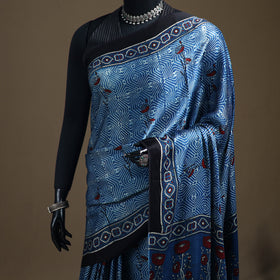 Ajrakh Hand Block Print Natural Dyed Modal Silk Saree 10