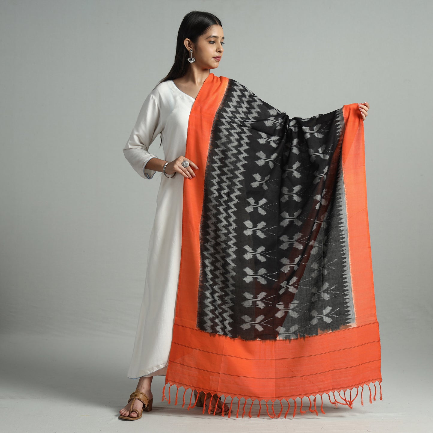 Black - Pochampally Ikat Handloom Cotton Dupatta with Tassels 15