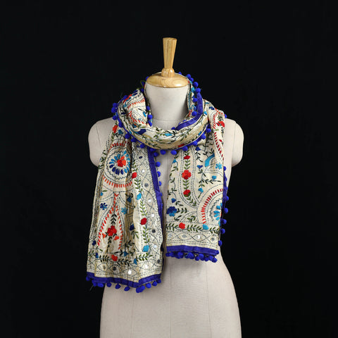 Ranihati Chanderi Silk Hand Embroidered Stole with Pom Pom 269
