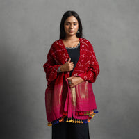 Red - Kutch Zari Work Handwoven Bandhani Woolen Shawl 16