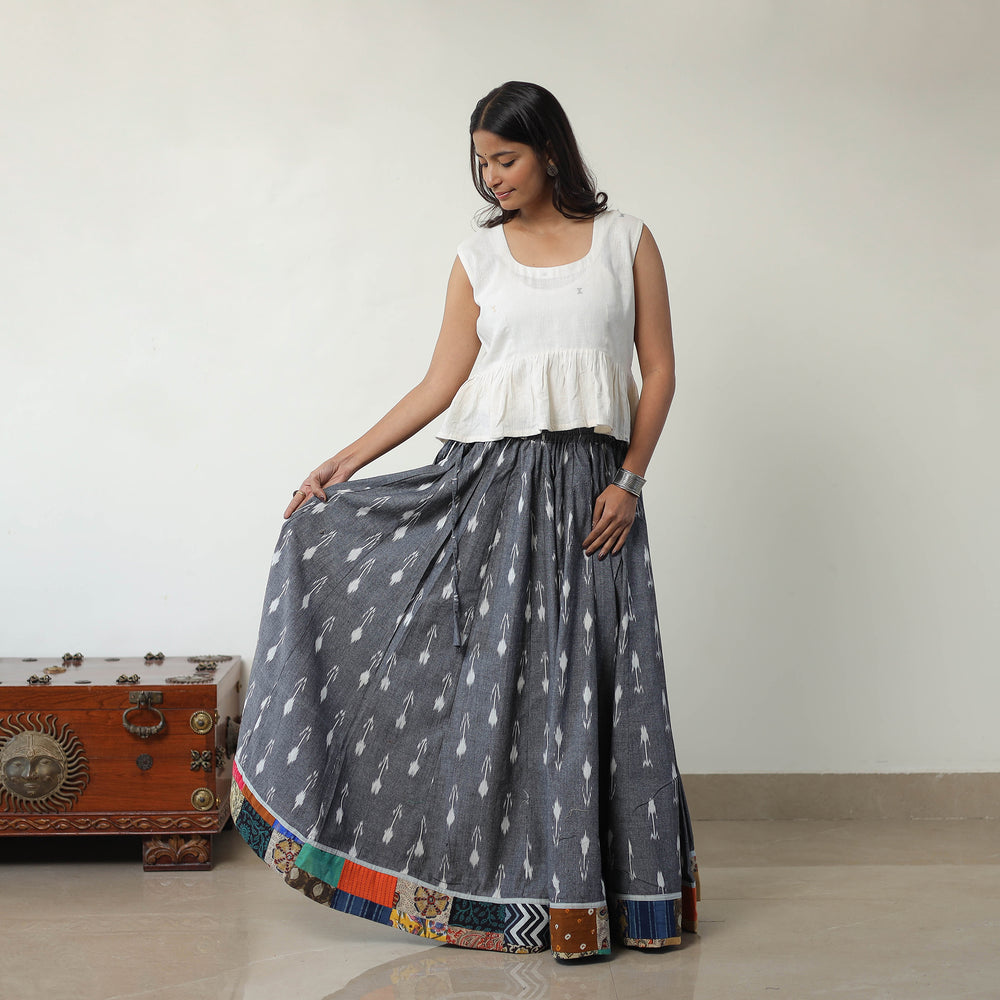 Grey - 24 Kali Cotton Pochampally Ikat Skirt with Border 02