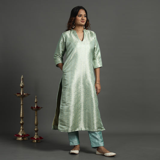 Light Green - Elegant Banarasi Brocade Silk Kurta with Pant Set