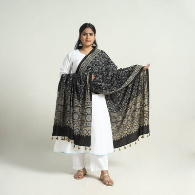 Black - Kutch Block Print Cotton Ajrakh Dupatta with Tassels 02