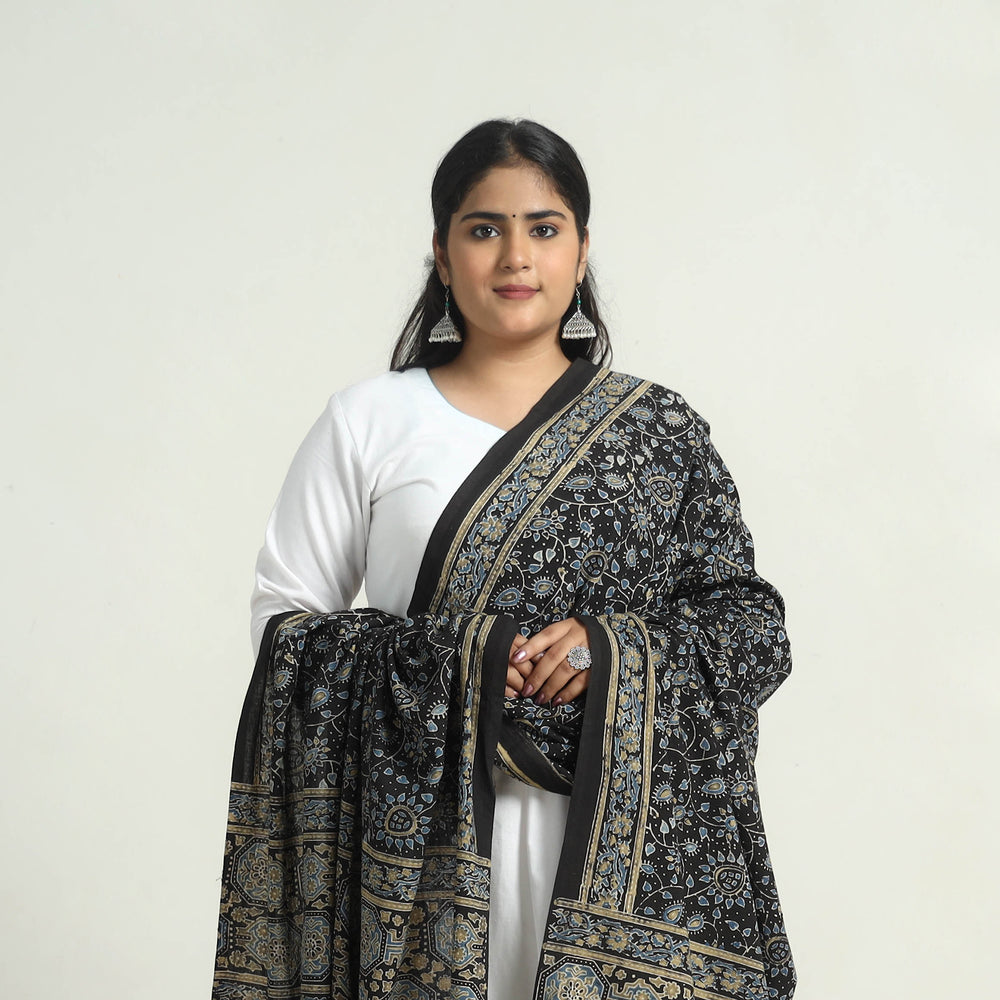 Black - Kutch Block Print Cotton Ajrakh Dupatta with Tassels 02