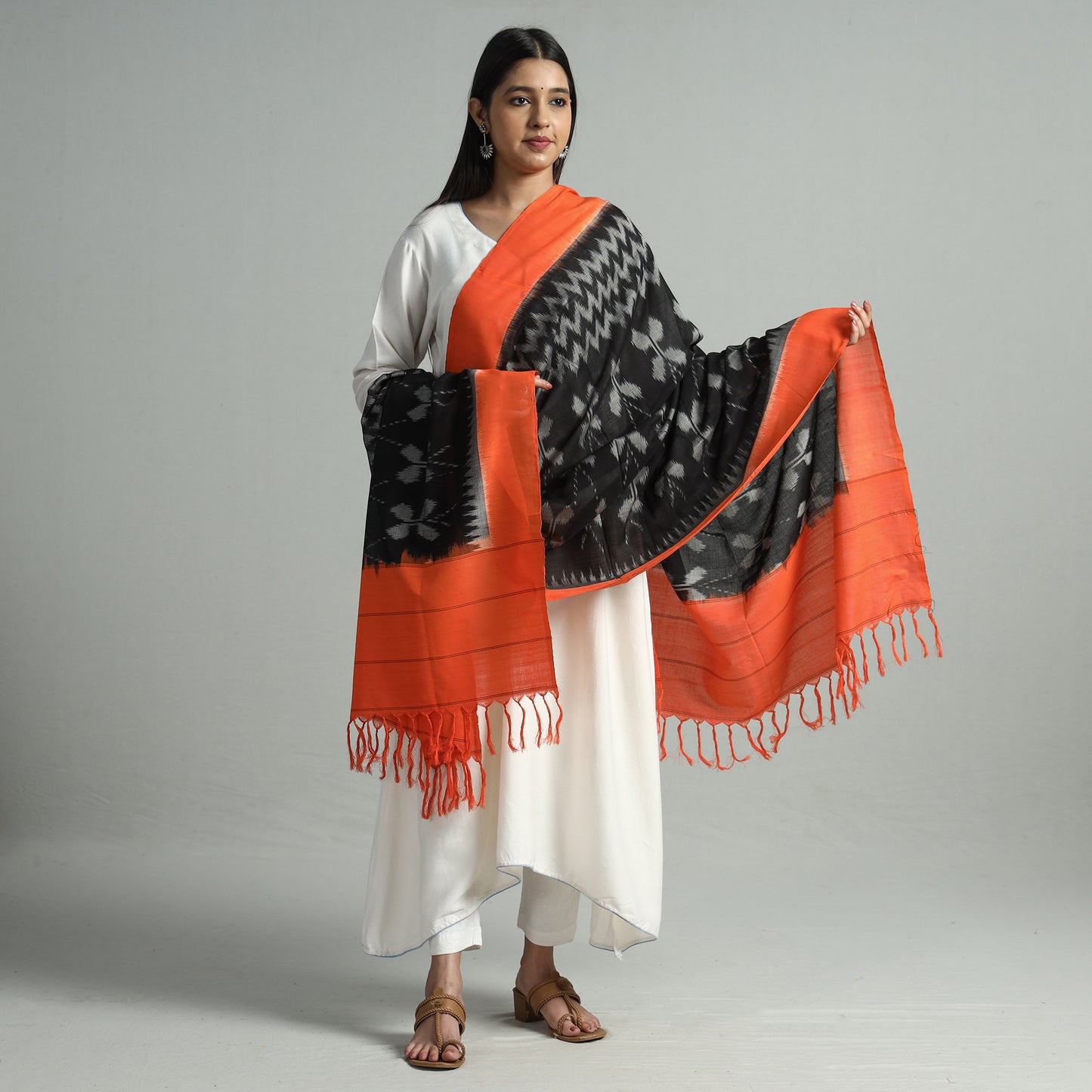 Black - Pochampally Ikat Handloom Cotton Dupatta with Tassels 15