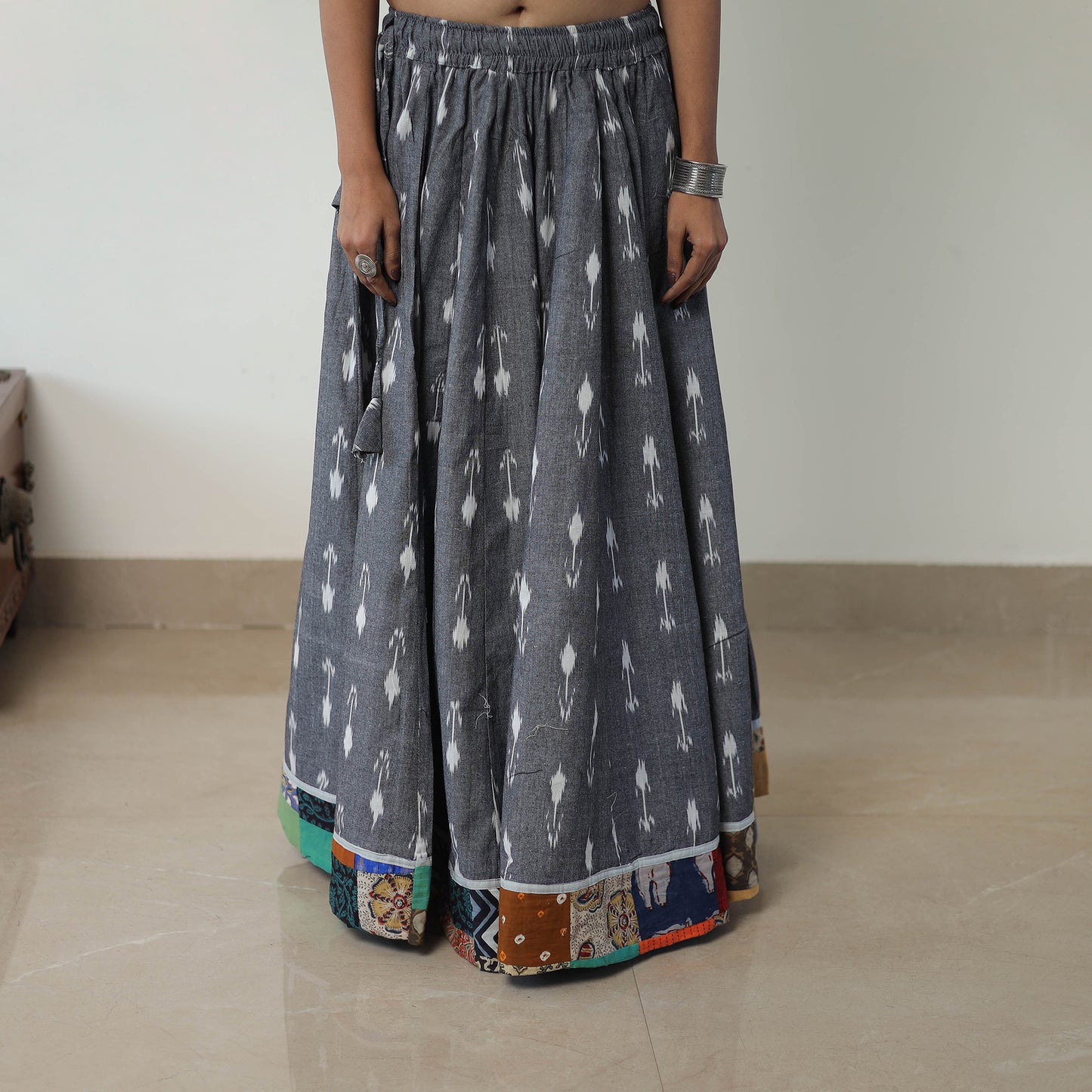 Grey - 24 Kali Cotton Pochampally Ikat Skirt with Border 02