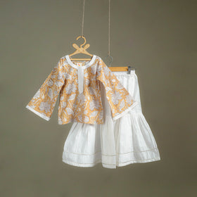 Girls Gota Work Floral Block Print Cotton Kurta with Sharara Set (3-4 Years) 14