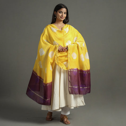 Yellow - Shibori Tie-Dye Handloom Chanderi Silk Dupatta with Zari Border 72