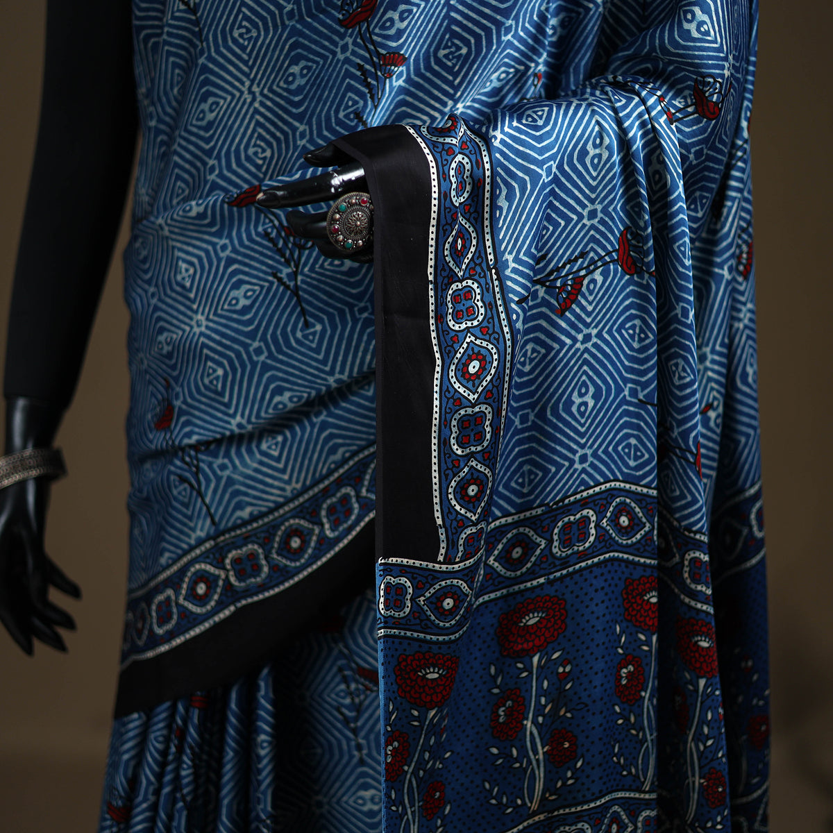 Ajrakh Hand Block Print Natural Dyed Modal Silk Saree 10