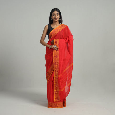 Orange - Kanchipuram Cotton Saree with Thread Border 04