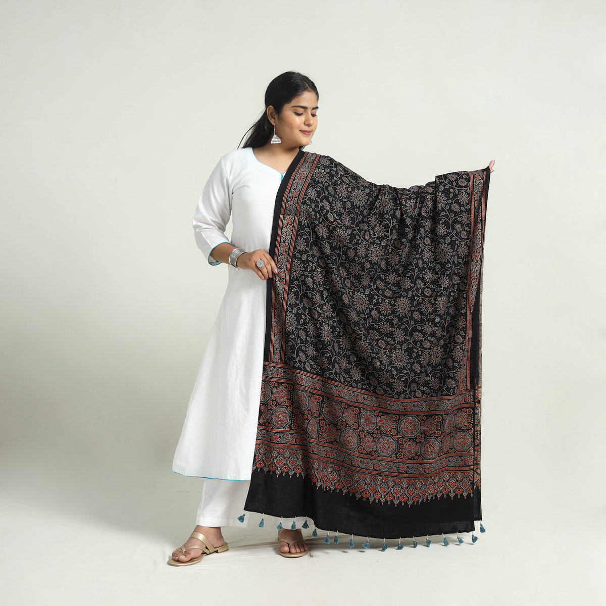 Black - Kutch Block Print Cotton Ajrakh Dupatta with Tassels 03