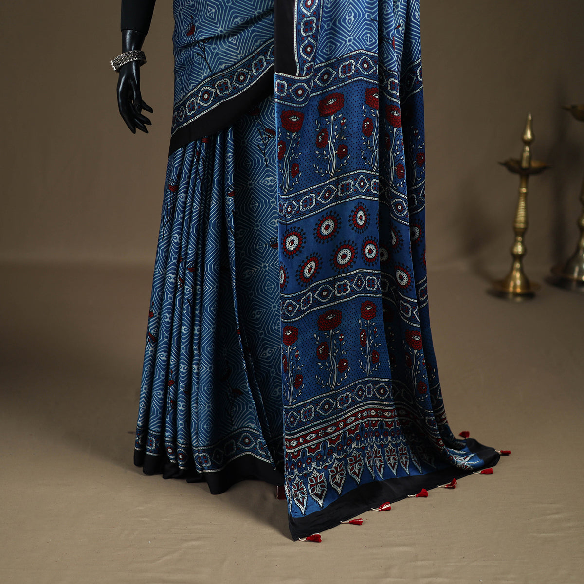 Ajrakh Hand Block Print Natural Dyed Modal Silk Saree 10