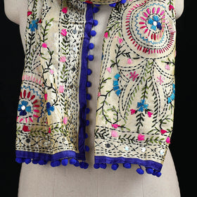 Beige - Ranihati Chanderi Silk Hand Embroidered Stole with Pom Pom 270