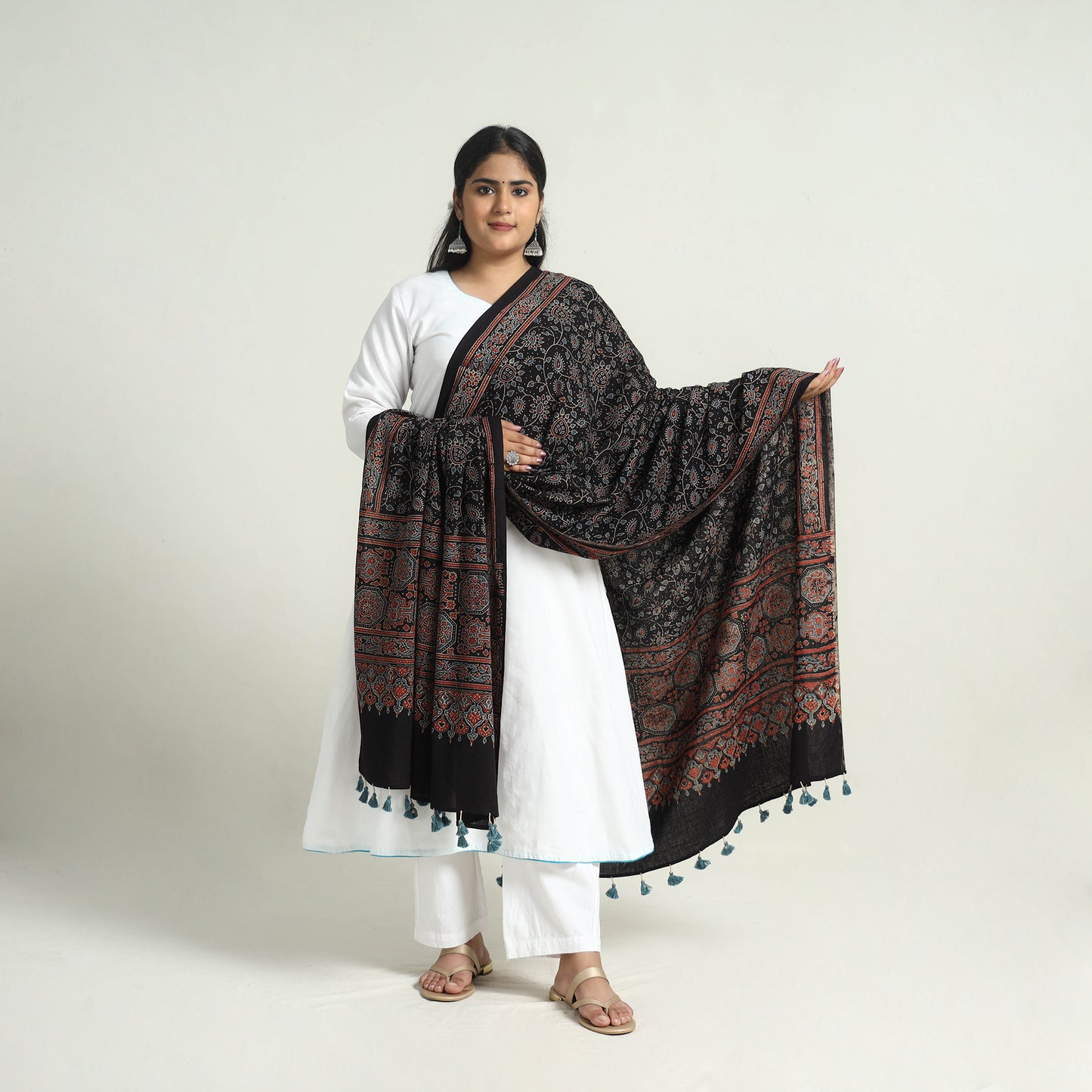 Black - Kutch Block Print Cotton Ajrakh Dupatta with Tassels 03