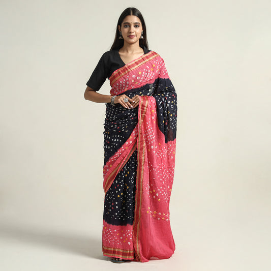 Black - Kutch Bandhani Tie-Dye Cotton Saree with Blouse Piece