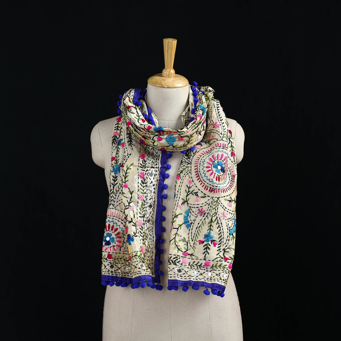 Beige - Ranihati Chanderi Silk Hand Embroidered Stole with Pom Pom 270