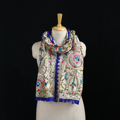 Beige - Ranihati Chanderi Silk Hand Embroidered Stole with Pom Pom 270
