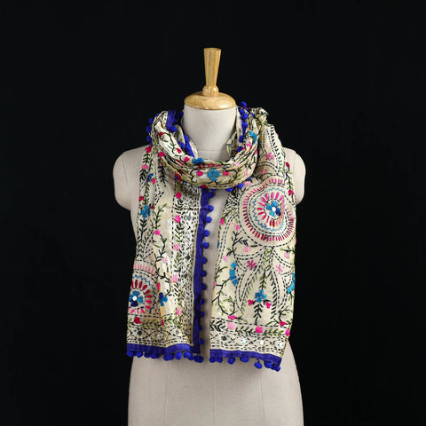 Ranihati Chanderi Silk Hand Embroidered Stole with Pom Pom 270