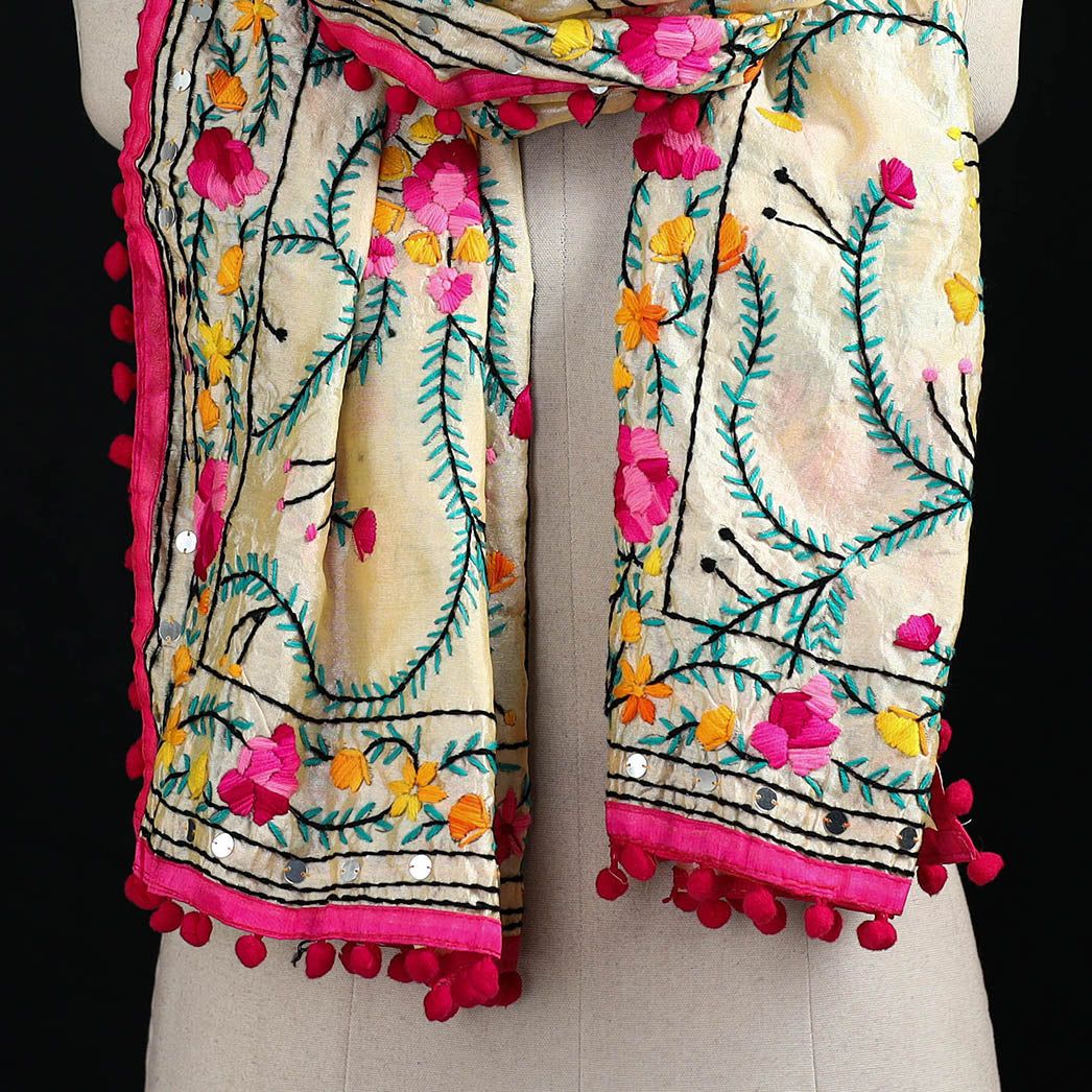 Ranihati Chanderi Silk Hand Embroidered Stole with Pom Pom 271