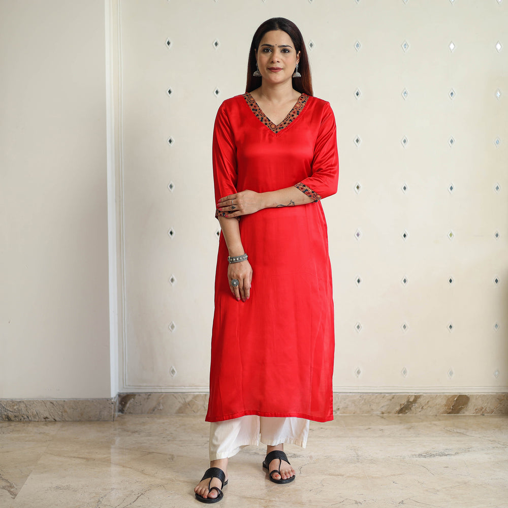 Red - Modal Silk Plain Long Straight Kurta 11