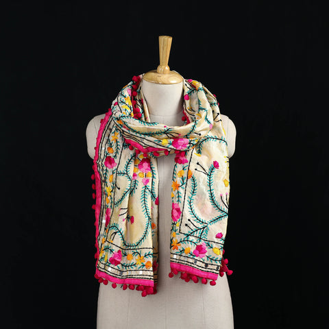 Ranihati Chanderi Silk Hand Embroidered Stole with Pom Pom 271
