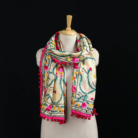 Ranihati Chanderi Silk Hand Embroidered Stole with Pom Pom 271