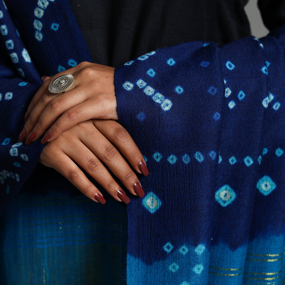 Blue - Kutch Zari Work Handwoven Bandhani Woolen Shawl 17