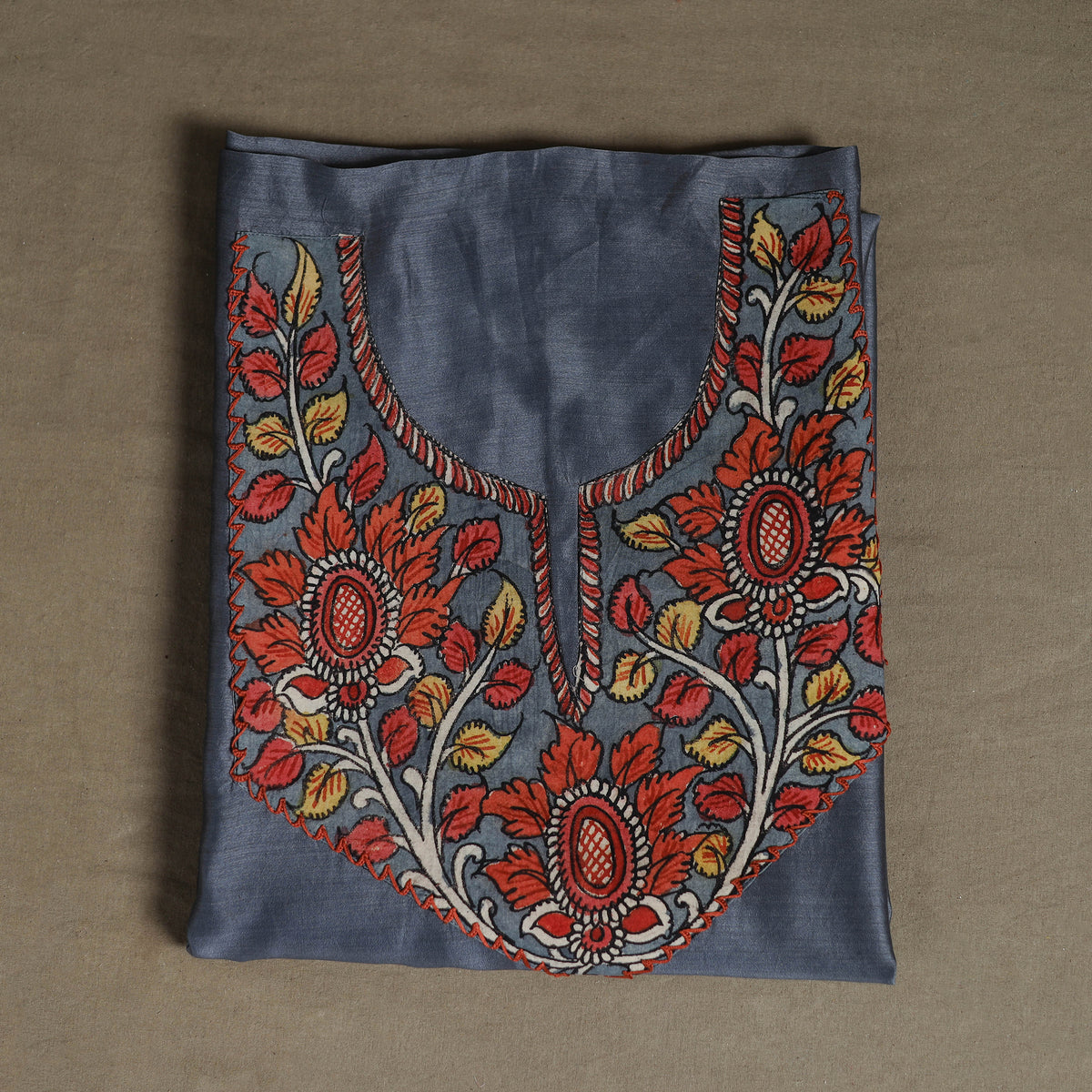 Grey - Handpainted Srikalahasti Handloom Chanderi Silk Unstitched Kurta (2.3M) 32
