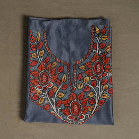 Grey - Handpainted Srikalahasti Handloom Chanderi Silk Unstitched Kurta (2.3M) 32