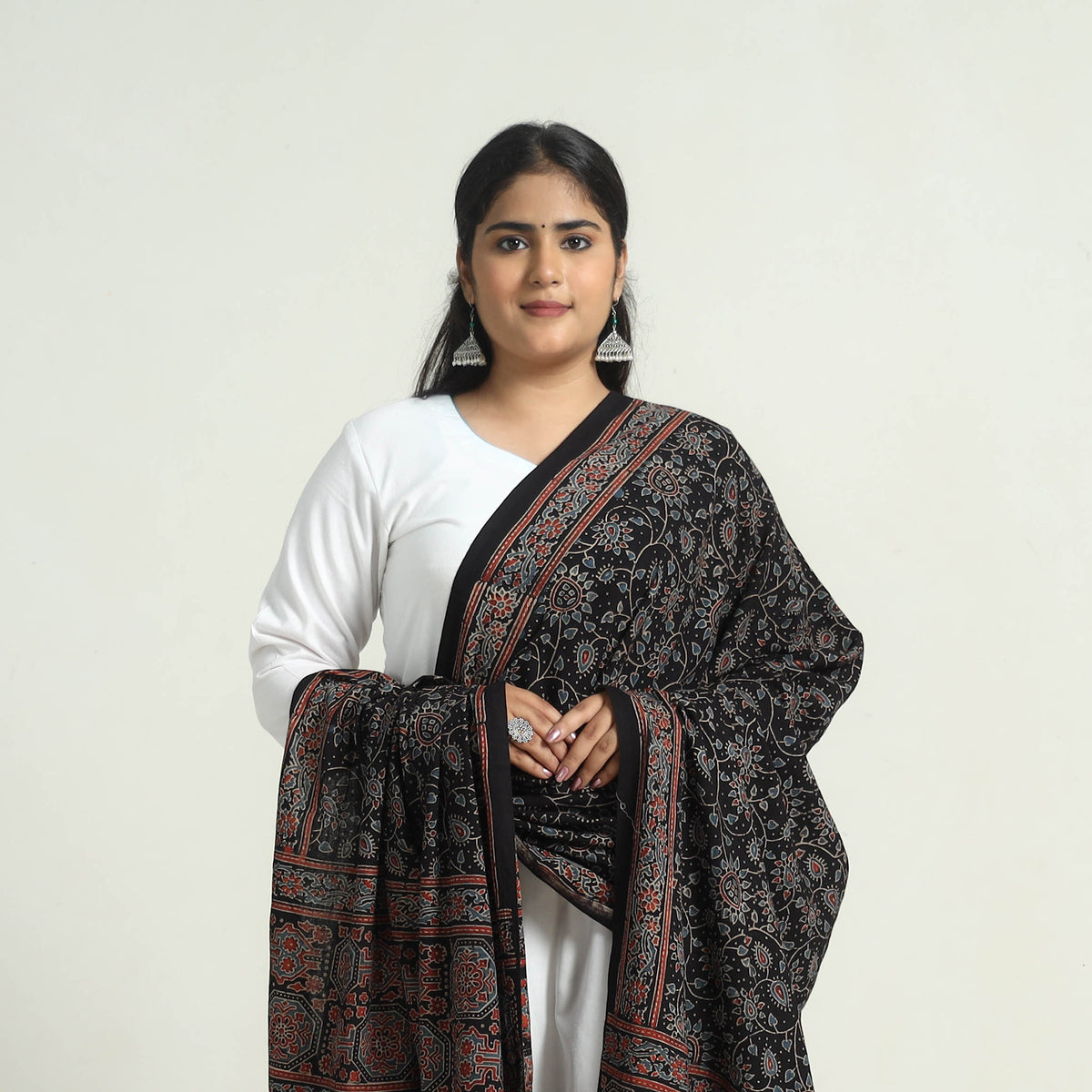 Black - Kutch Block Print Cotton Ajrakh Dupatta with Tassels 03