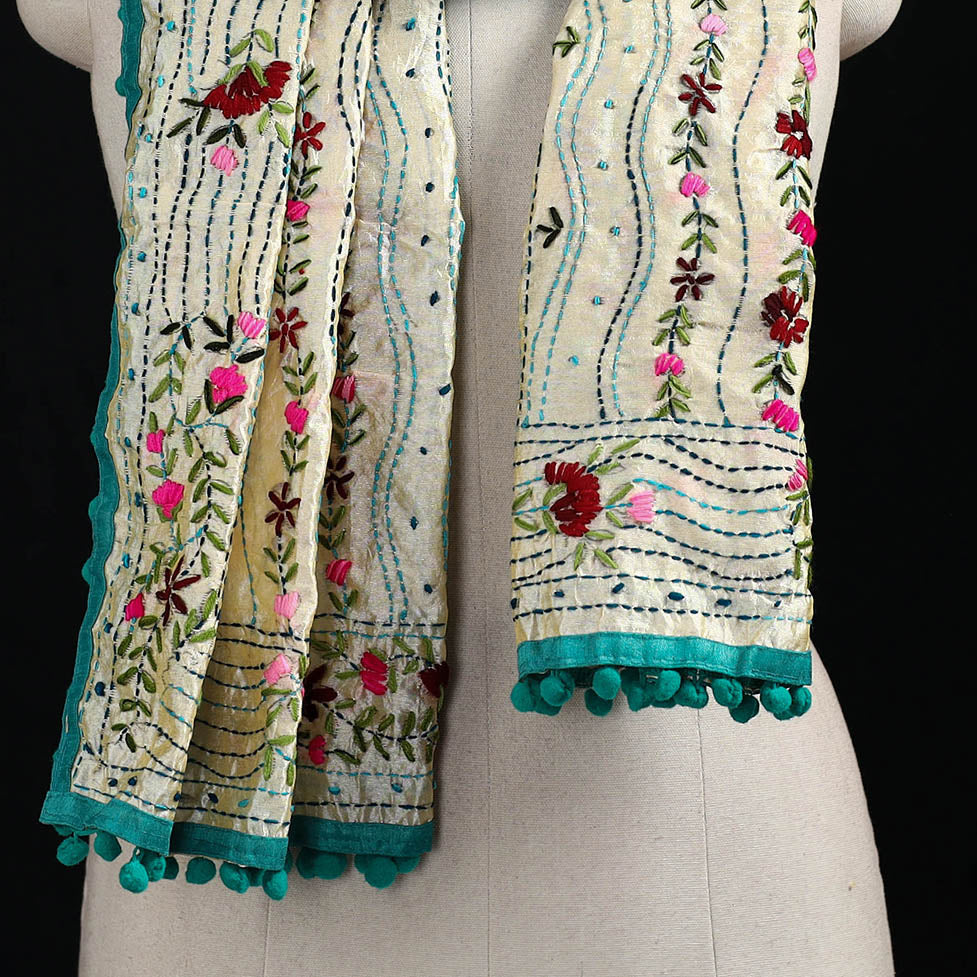Ranihati Chanderi Silk Hand Embroidered Stole with Pom Pom 272