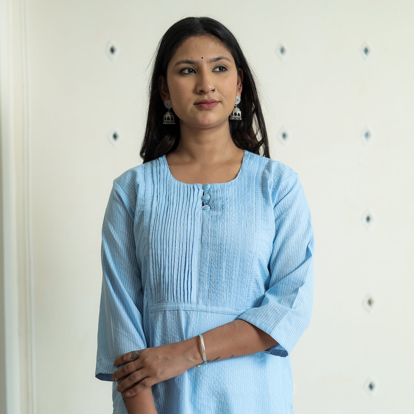 Sky Blue - Running Stitch Cotton Long Straight Kurta