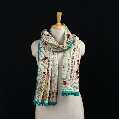 Ranihati Chanderi Silk Hand Embroidered Stole with Pom Pom 272
