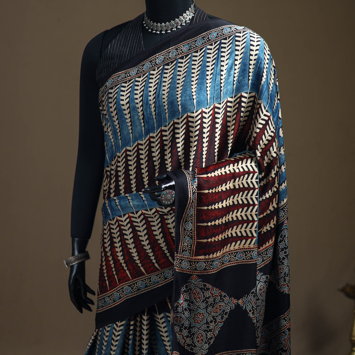 Ajrakh Hand Block Print Natural Dyed Modal Silk Saree 11