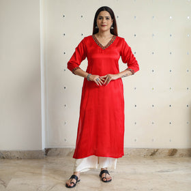 Red - modal silk plain long straight kurta 11 - handcrafted