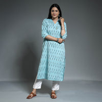 Sky Blue Pochampally Ikat Weave Cotton Long Kurta