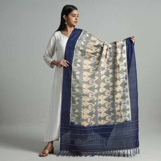 Blue - Pochampally Ikat Handloom Cotton Dupatta with Tassels 16