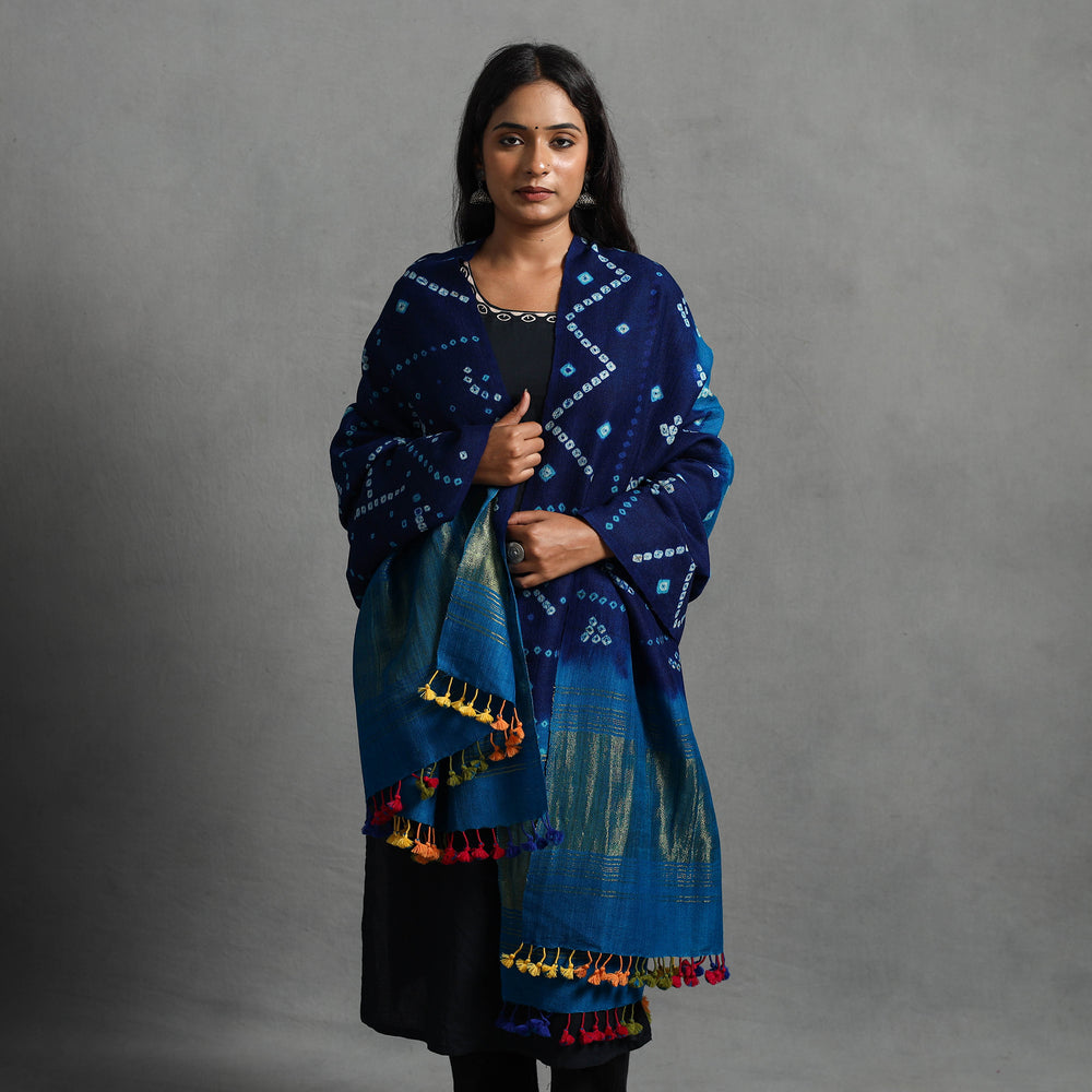 Blue - Kutch Zari Work Handwoven Bandhani Woolen Shawl 17