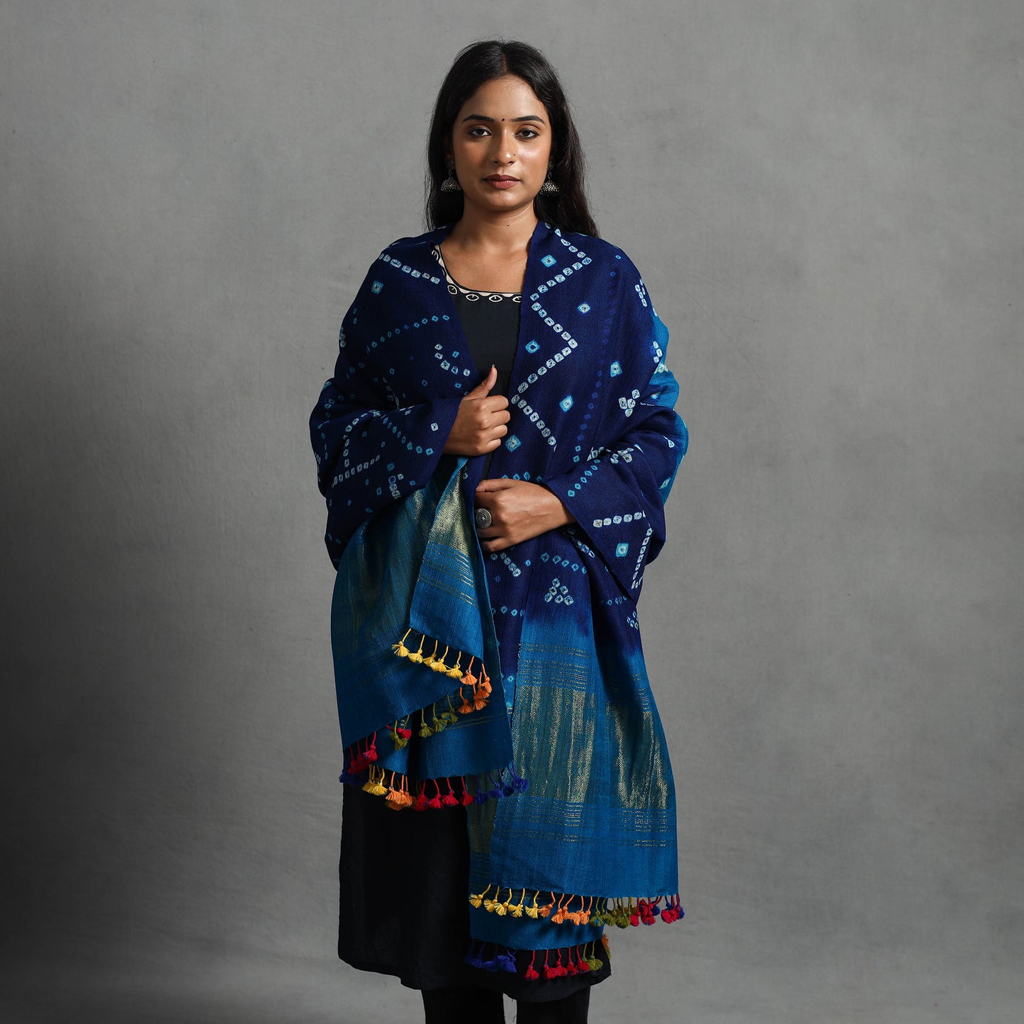 Blue - Kutch Zari Work Handwoven Bandhani Woolen Shawl 17