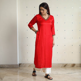 Red - modal silk plain long straight kurta 11 - handcrafted