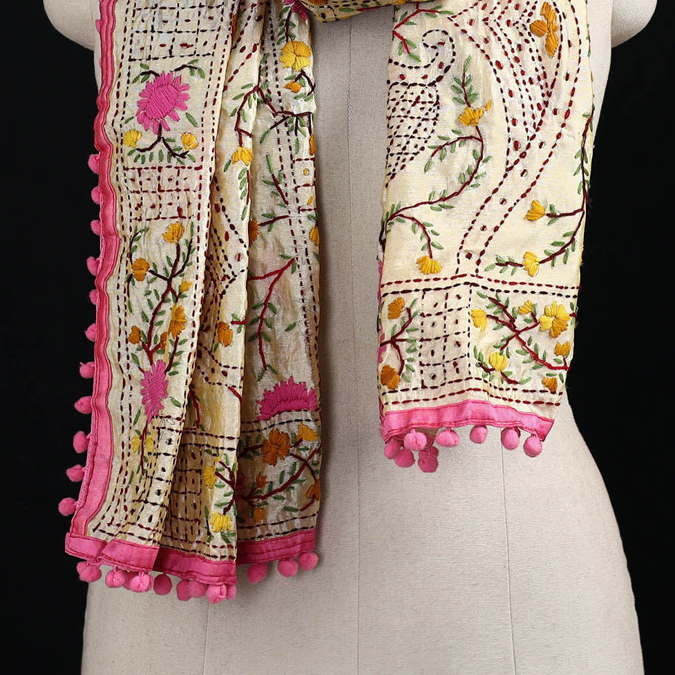 Ranihati Chanderi Silk Hand Embroidered Stole with Pom Pom 273