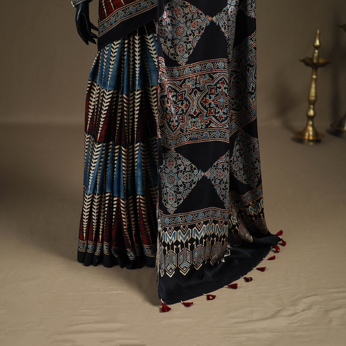 Ajrakh Hand Block Print Natural Dyed Modal Silk Saree 11