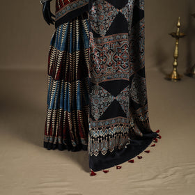 Ajrakh Hand Block Print Natural Dyed Modal Silk Saree 11