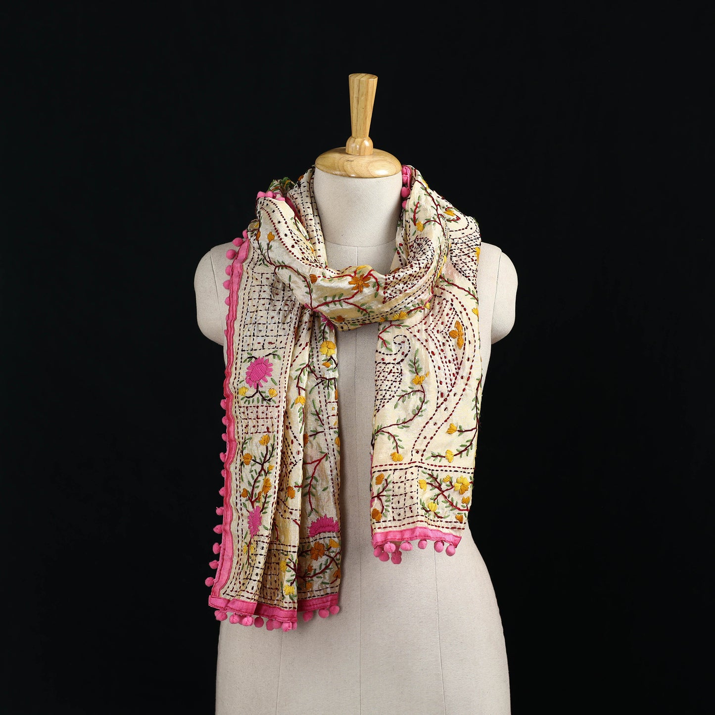 Ranihati Chanderi Silk Hand Embroidered Stole with Pom Pom 273